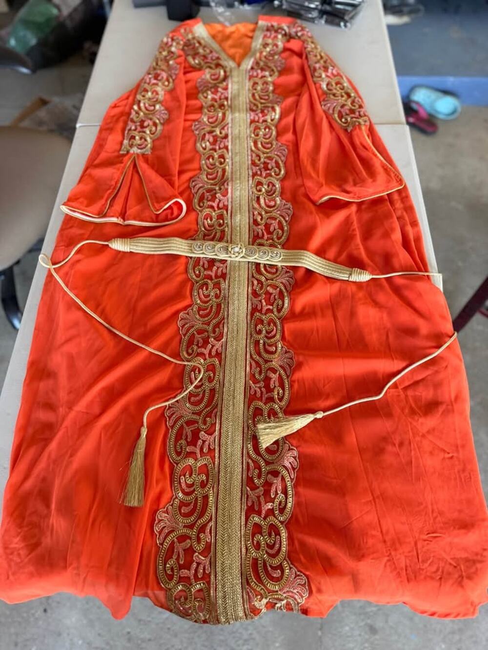 Orange Moroccan Kaftan with Gold Embroidery Size XL